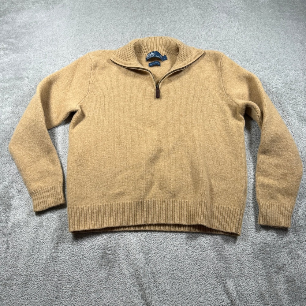 Vtg Polo Ralph Lauren Lambswool Sweater Mens Large Tan Quarter Zip Ribbed Collar